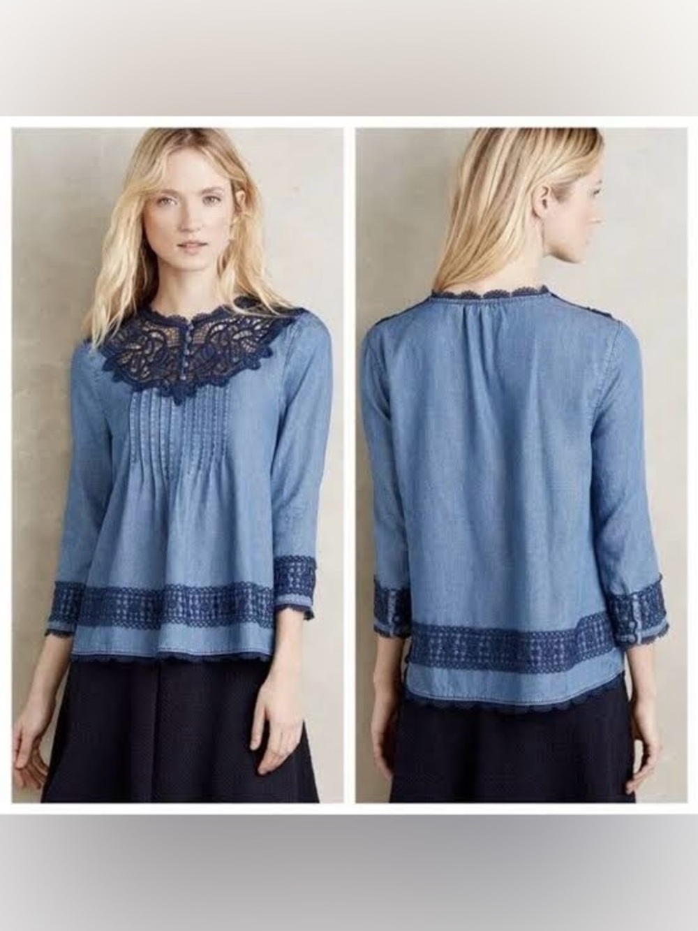 NEW BEAUTIFUL ANTHROPOLOGIE HOLDING HORSES CHAMBRAY LACE WOMENS TOP 
SIZE 00